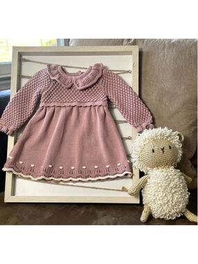 Max Studio Baby Pink Knit Dress Bishop Sleeve Smocked Peter Pan Collar 6-9 Month